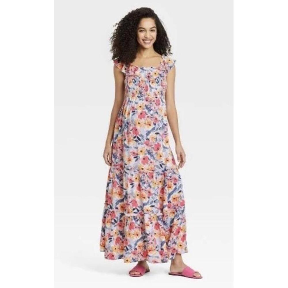 Isabel Maternity Womens Size S Multi-Color Floral Smocked Tiered Maxi Dress - Picture 2 of 8